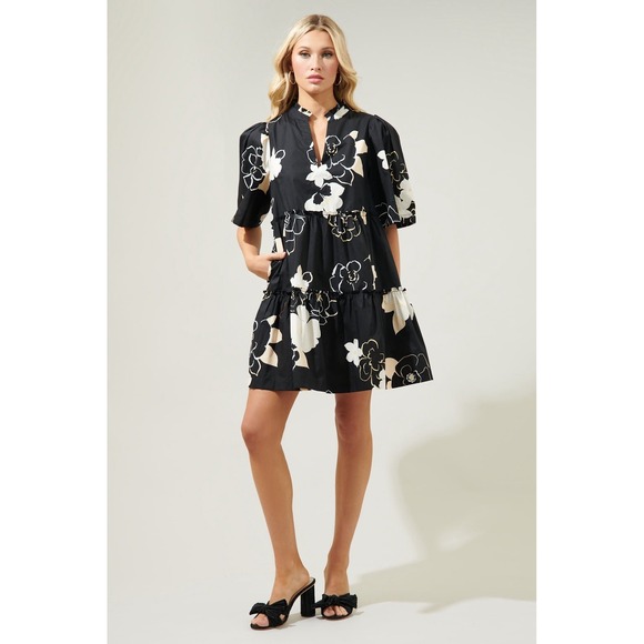 Sugarlips Dresses & Skirts - Sugarlips Dixie Split Neck Dress XS NWOT Black Taupe Floral Cotton Pockets Mini